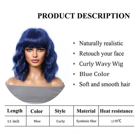 Shoulder Length Curly Wavy Wigs Blue - Picture 4 of 6